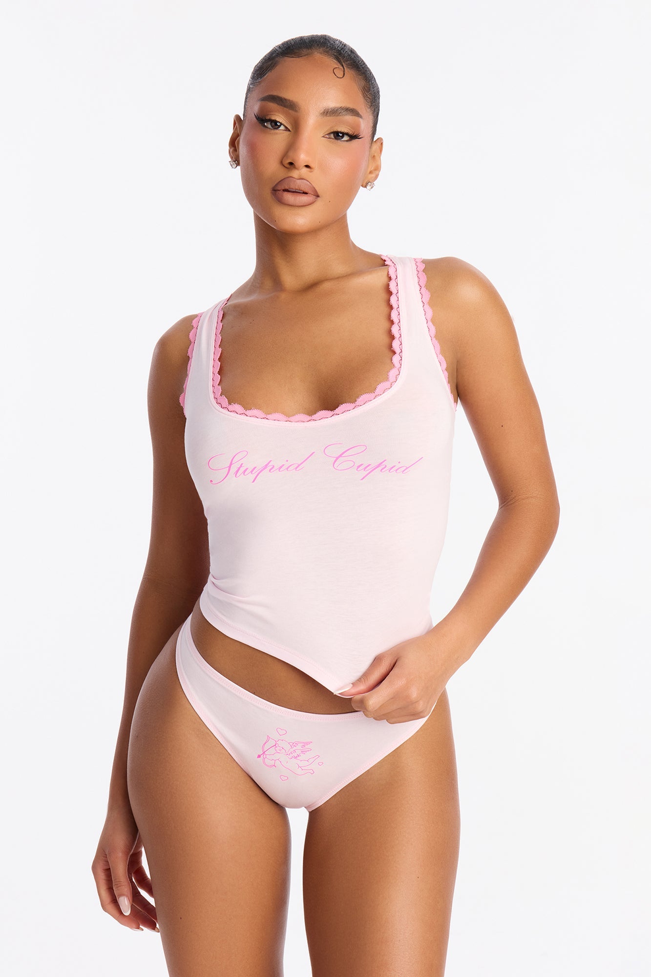 Stupid Cupid 2 Piece Cotton Tank And Panty Set - Pink
