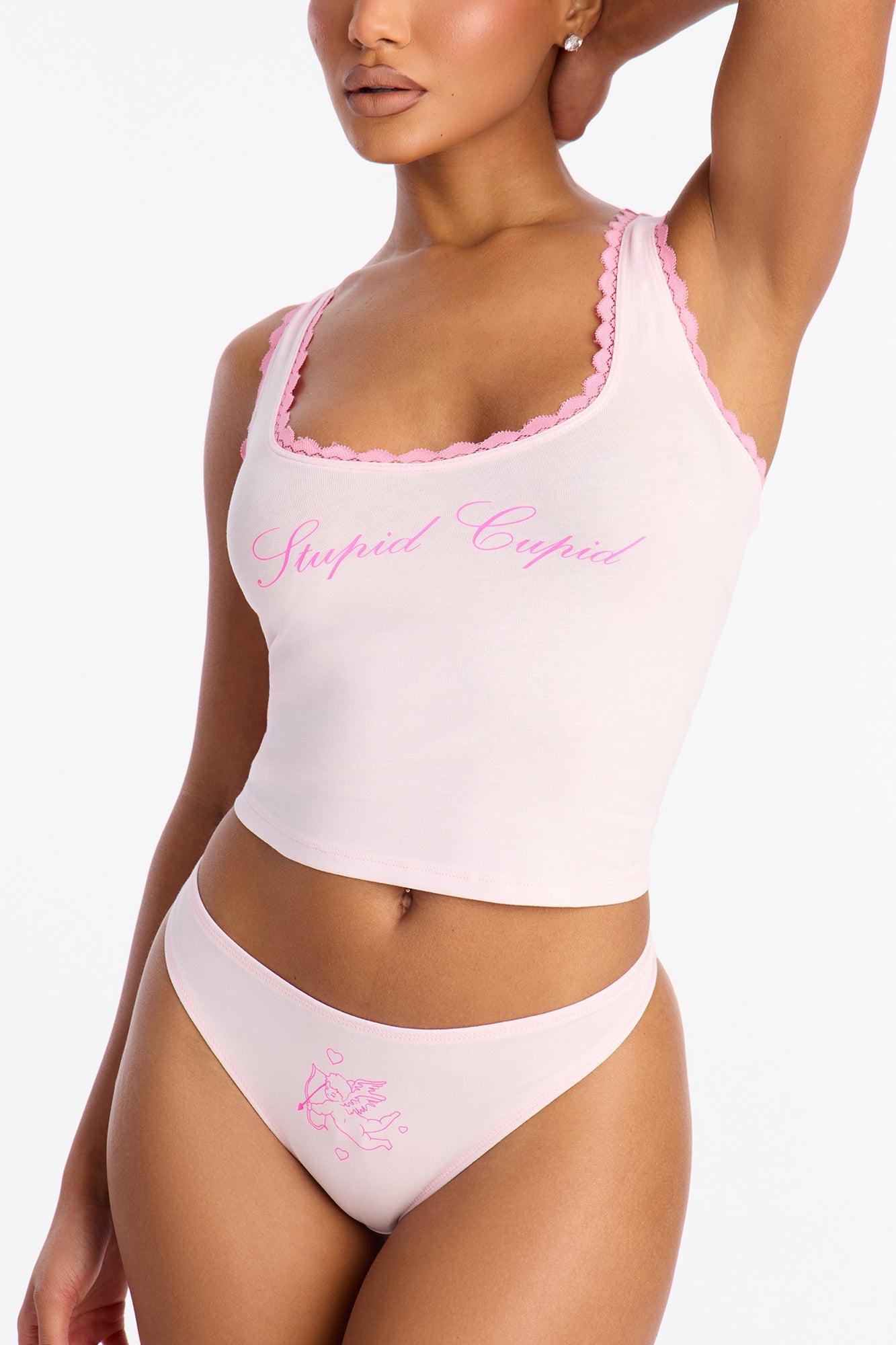 Stupid Cupid 2 Piece Cotton Tank And Panty Set - Pink