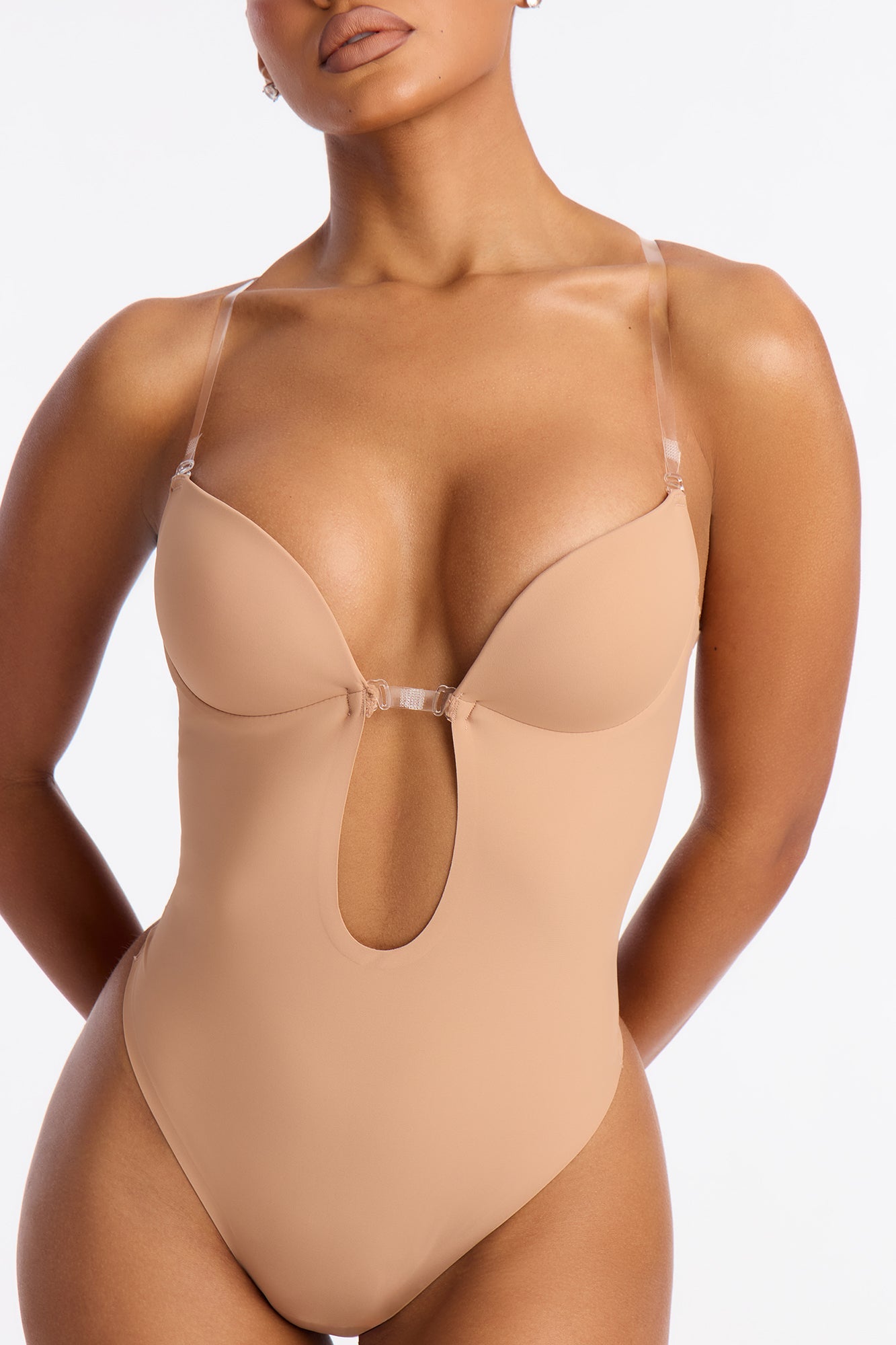 No Show Microfiber Clear Strap Plunge Thong Bodysuit - Nude