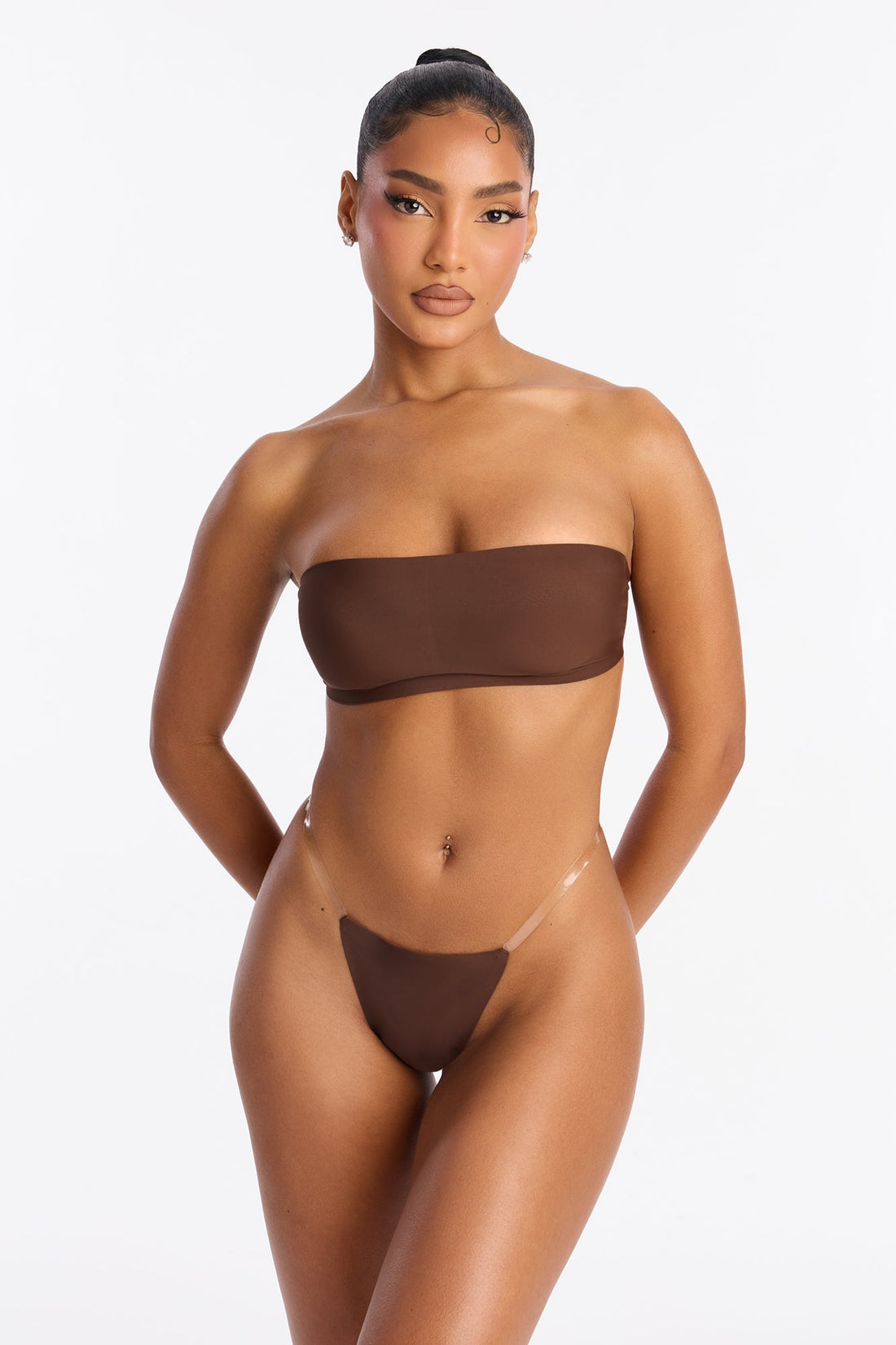 No Show Microfiber Clear Strap Thong - Chocolate