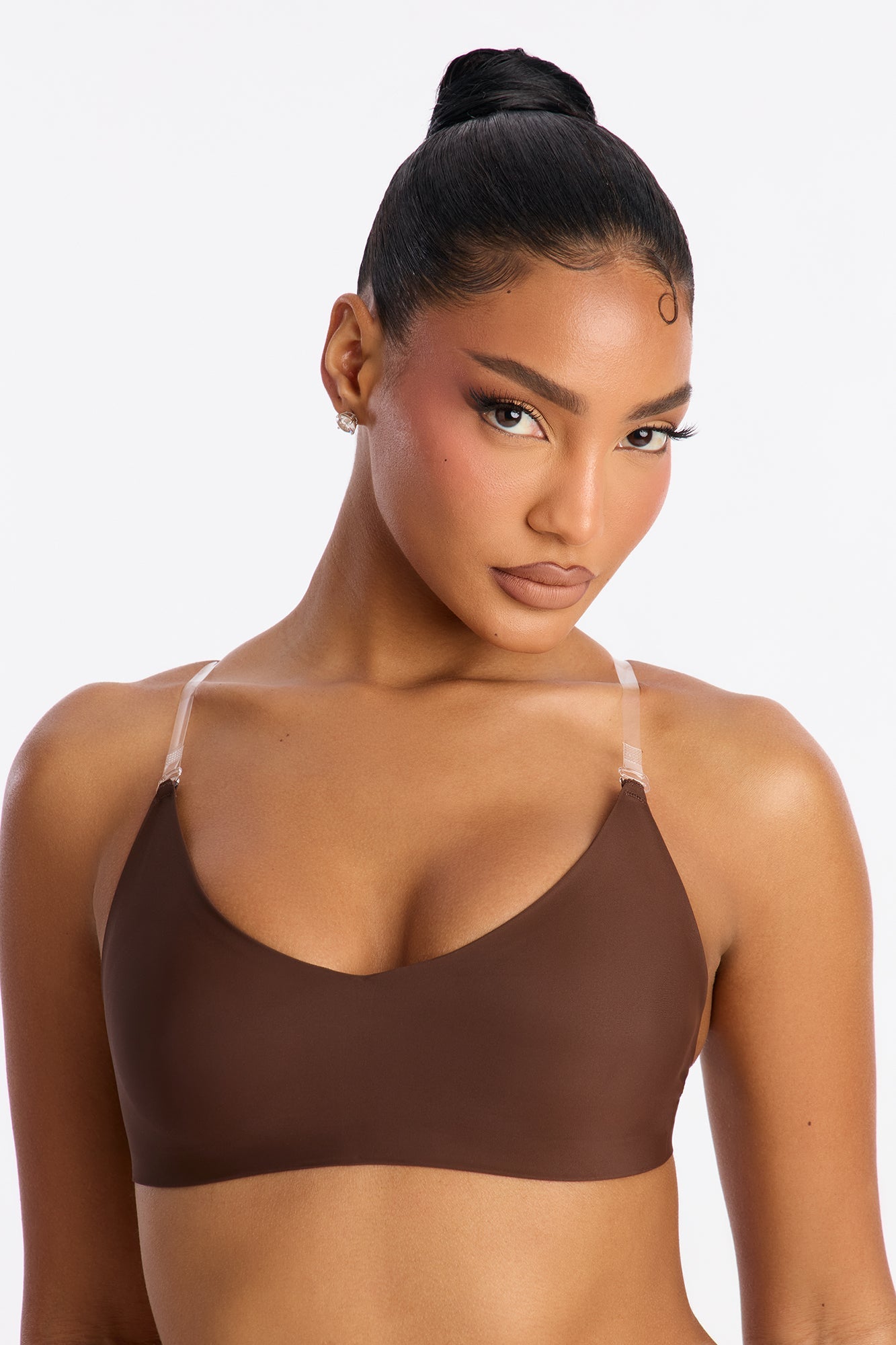 No Show Microfiber Clear Strap Bralette - Chocolate