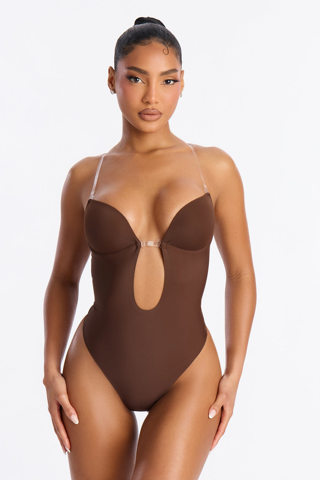 No Show Microfiber Clear Strap Plunge Thong Bodysuit - Chocolate