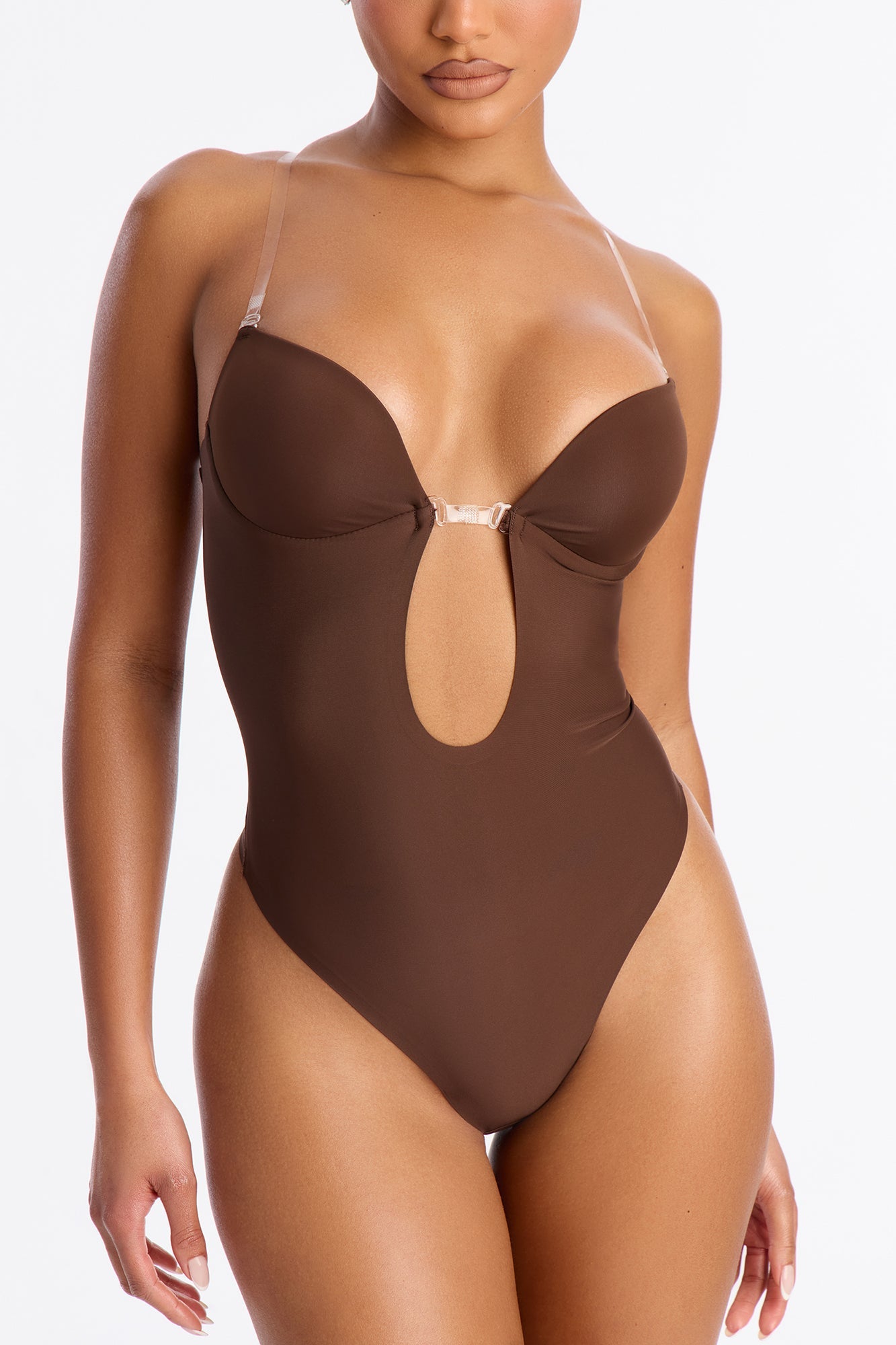 No Show Microfiber Clear Strap Plunge Thong Bodysuit - Chocolate