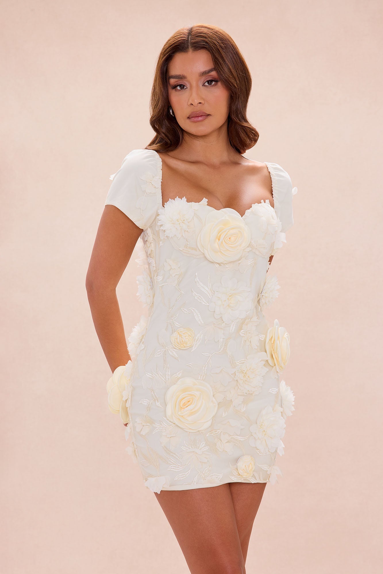 Tiana Cap Sleeve Floral Mini Dress - Cream