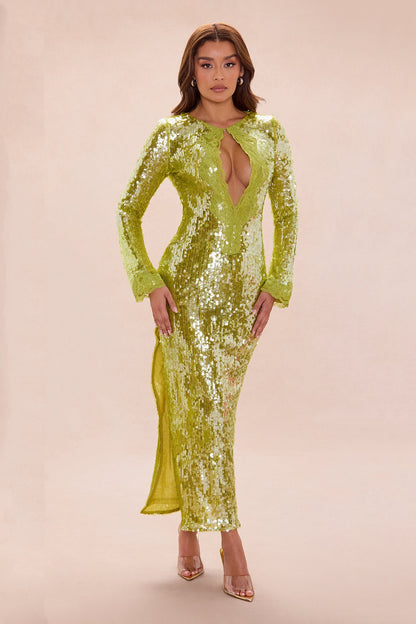 Ophelia Lace Trim Sequin Maxi Dress - Chartreuse