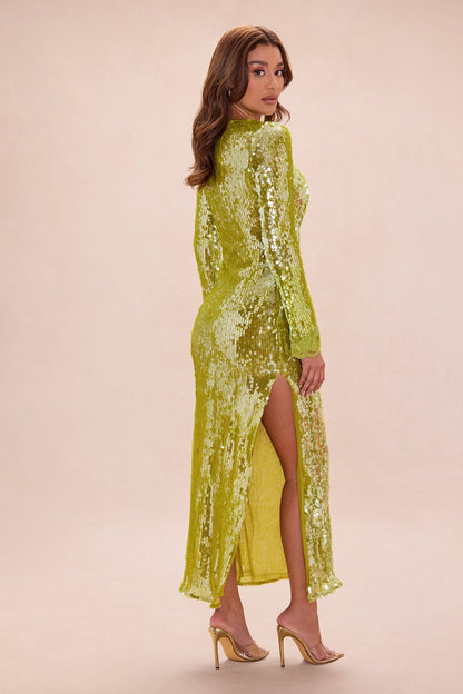 Ophelia Lace Trim Sequin Maxi Dress - Chartreuse