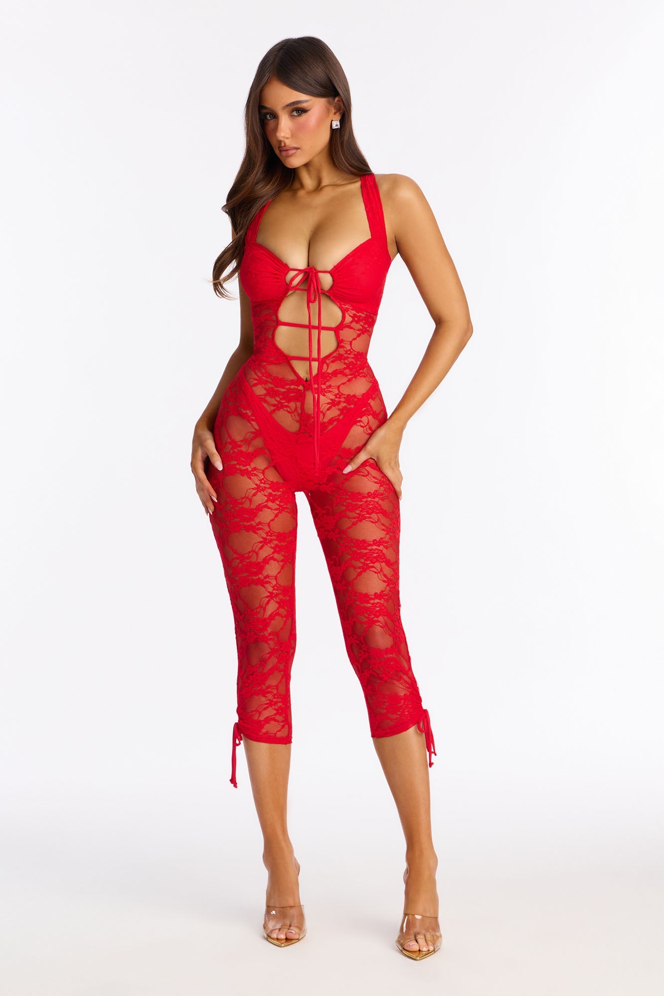 Lace Me All Around Floral Cut Out Capris Jumpsuit - Red