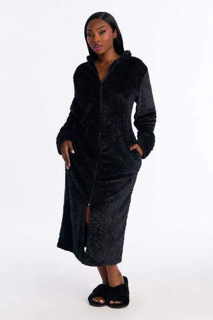 Sleepy Mood Fleece Zip Front Robe - Black