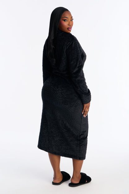 Sleepy Mood Fleece Zip Front Robe - Black