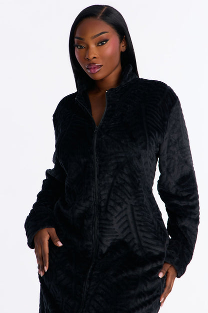 Sleepy Mood Fleece Zip Front Robe - Black