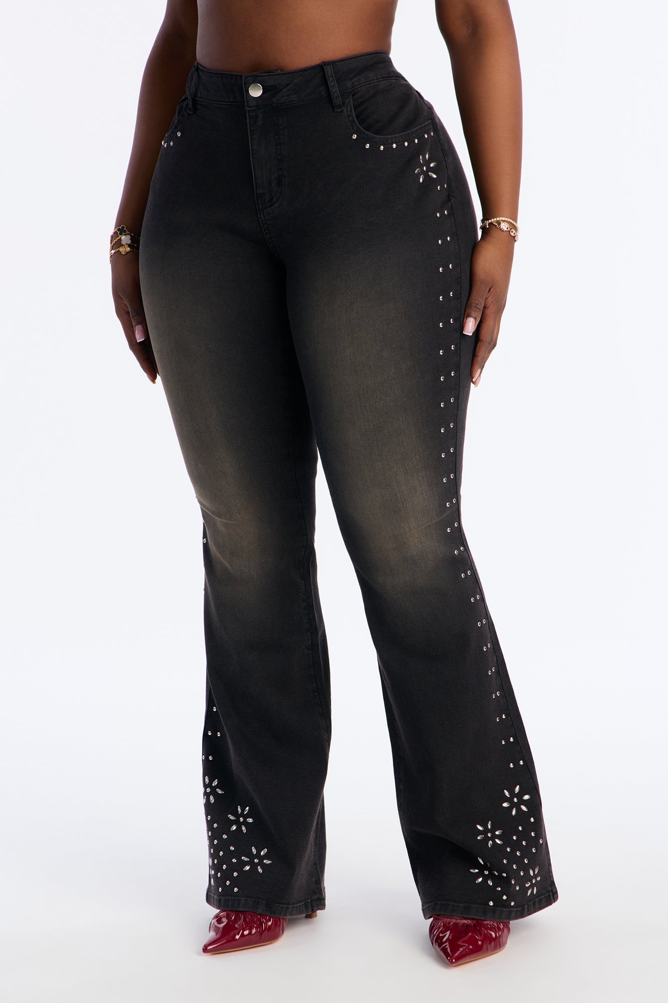 Rockstar Status Studded Flare Jeans - Black Wash