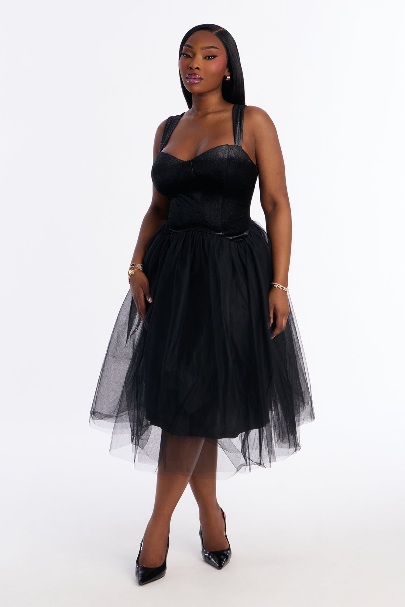 Constanza Velvet Tulle Midi Dress - Black