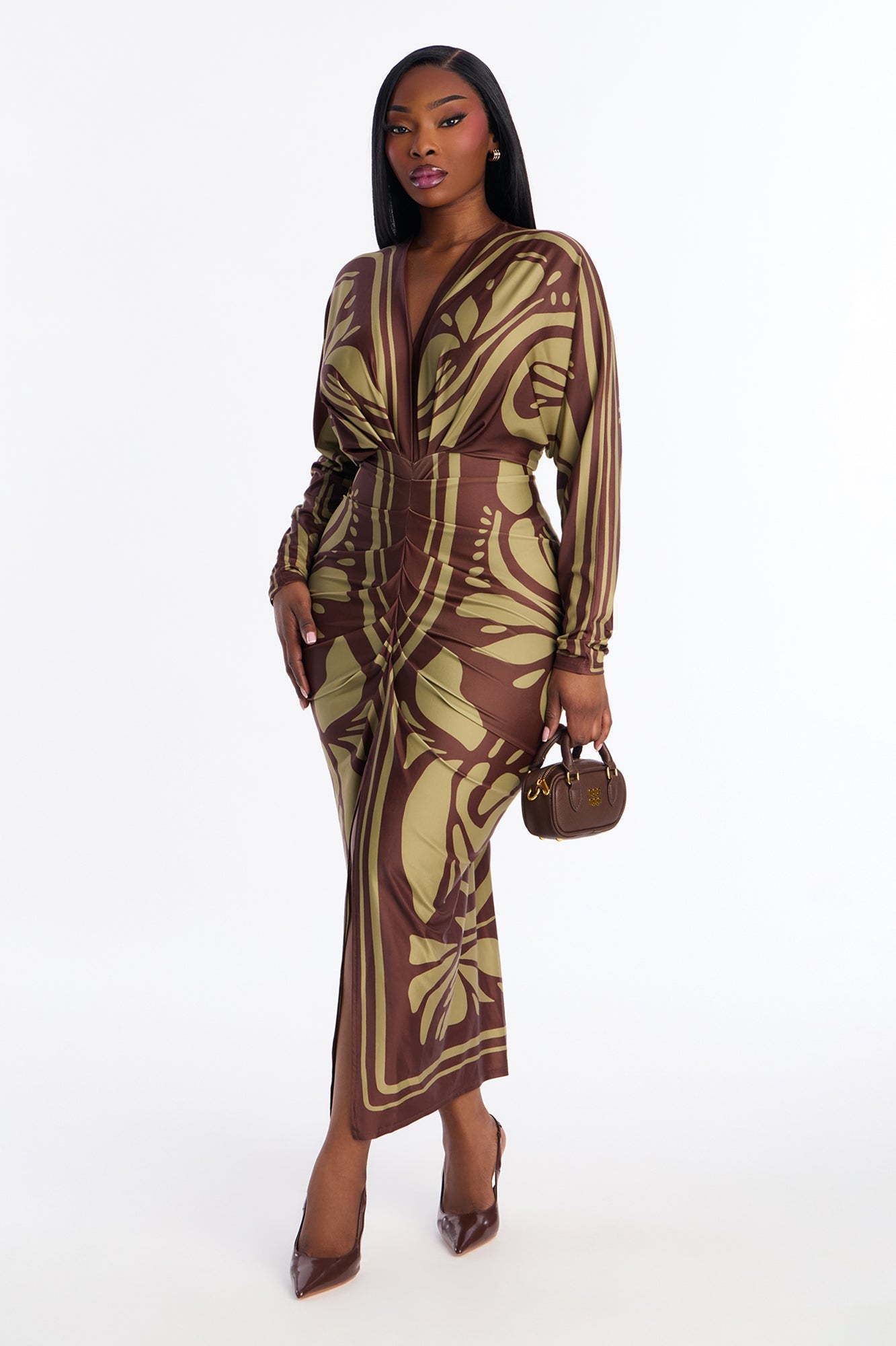 Revive Long Sleeve Midi Dress - Brown/combo