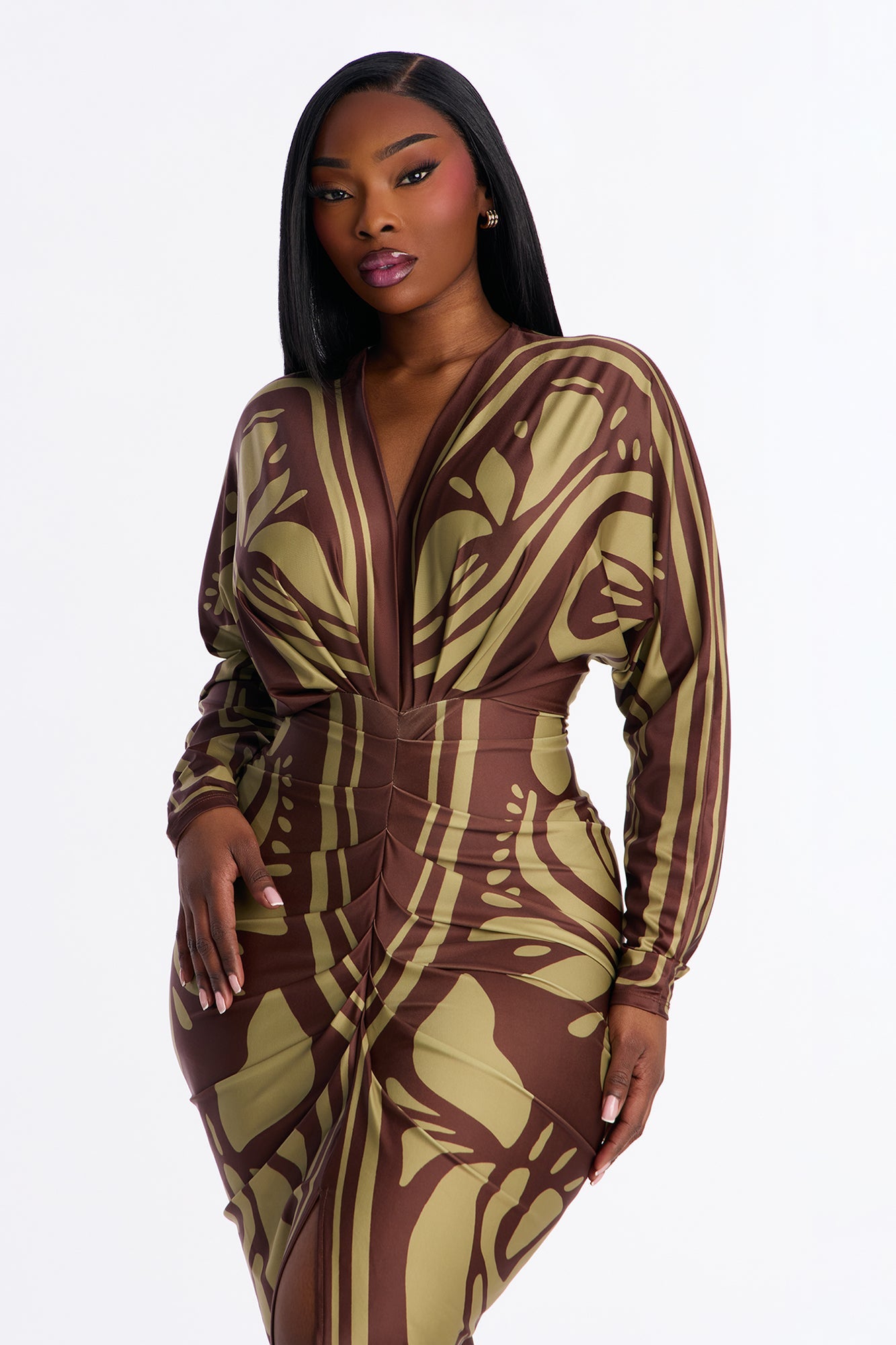 Revive Long Sleeve Midi Dress - Brown/combo