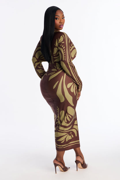 Revive Long Sleeve Midi Dress - Brown/combo