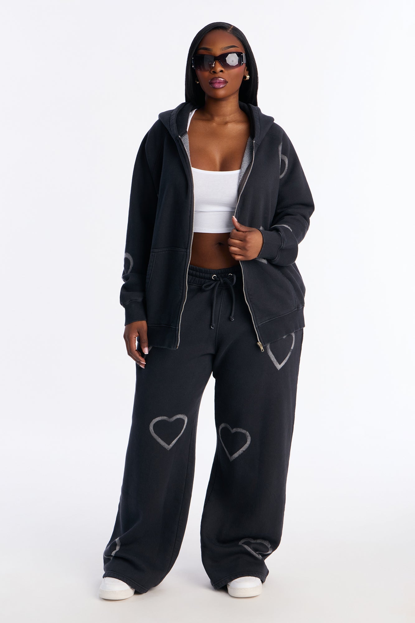 Heart On My Sleeve Fleece Pant Set - Charcoal