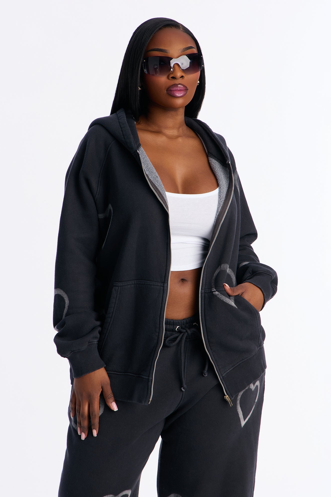 Heart On My Sleeve Fleece Pant Set - Charcoal