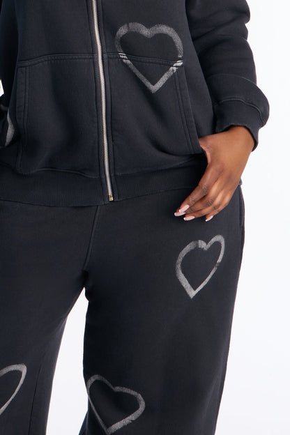Heart On My Sleeve Fleece Pant Set - Charcoal