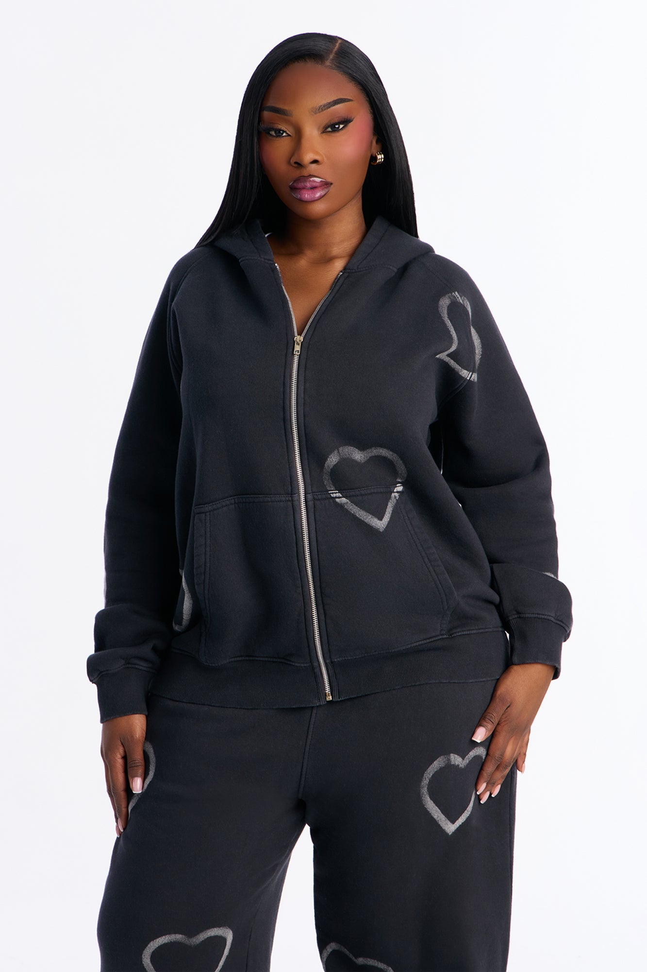 Heart On My Sleeve Fleece Pant Set - Charcoal