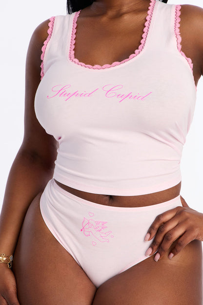 Stupid Cupid 2 Piece Cotton Tank And Panty Set - Pink