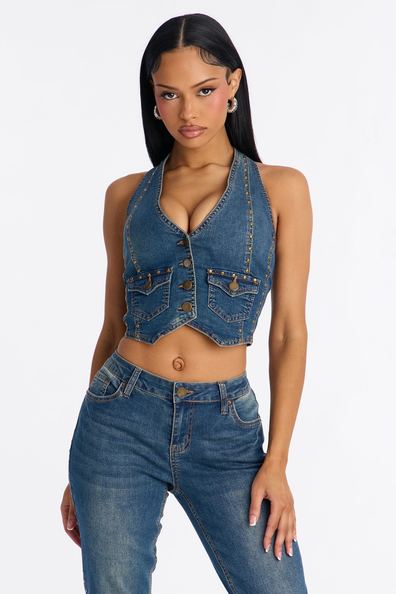 Saddle Down Studded Denim Vest - Vintage Wash