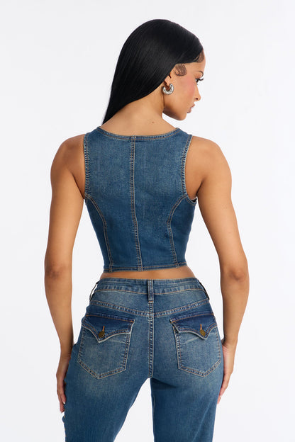 Saddle Down Studded Denim Vest - Vintage Wash