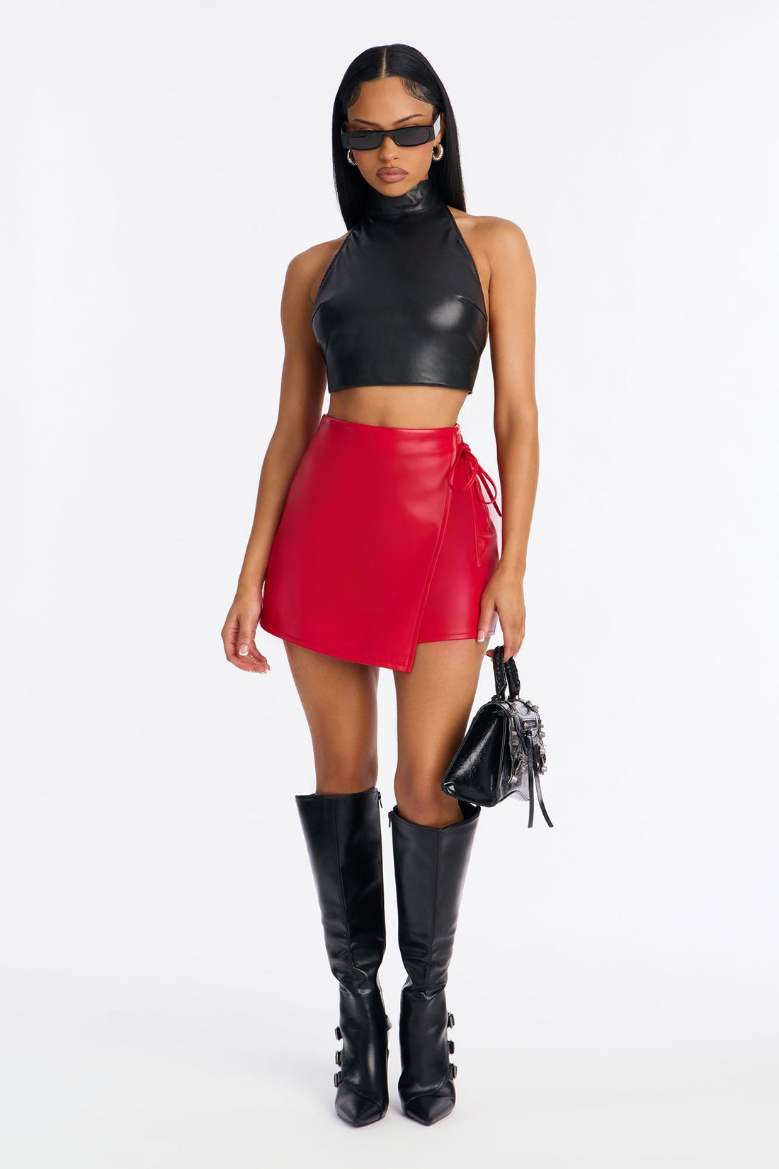 Autumn Vibes Faux Leather Wrap Skort - Red