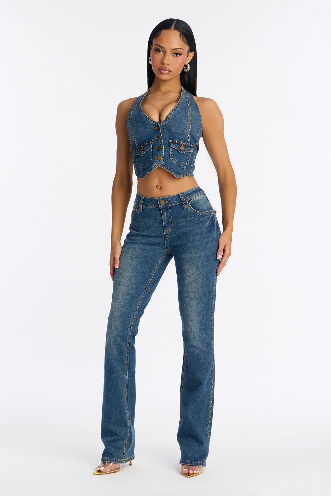 Saddle Down Studded Bootcut Jeans - Vintage Wash