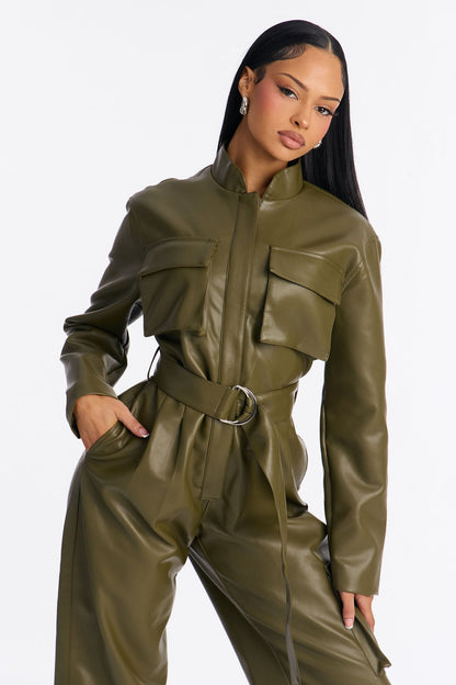 Downtown Faux Leather Cargo Straight Leg Jumpsuit - Olive