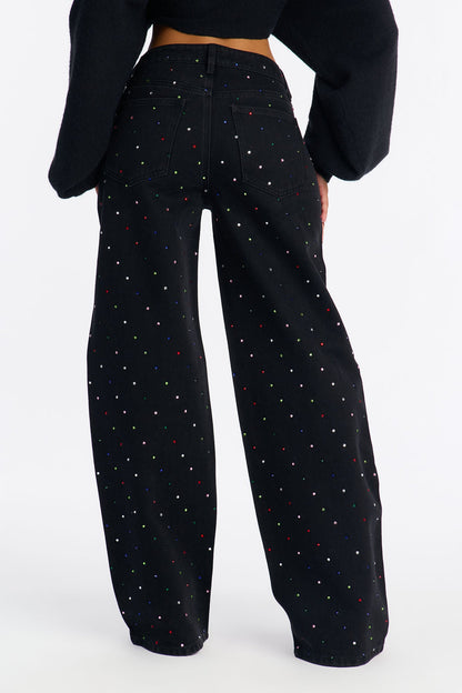 What A Gem Embellished Wide Leg Jeans - Black