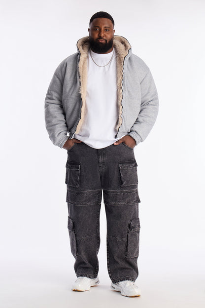 Faux Fur Hooded Zip Up Hoodie - Grey