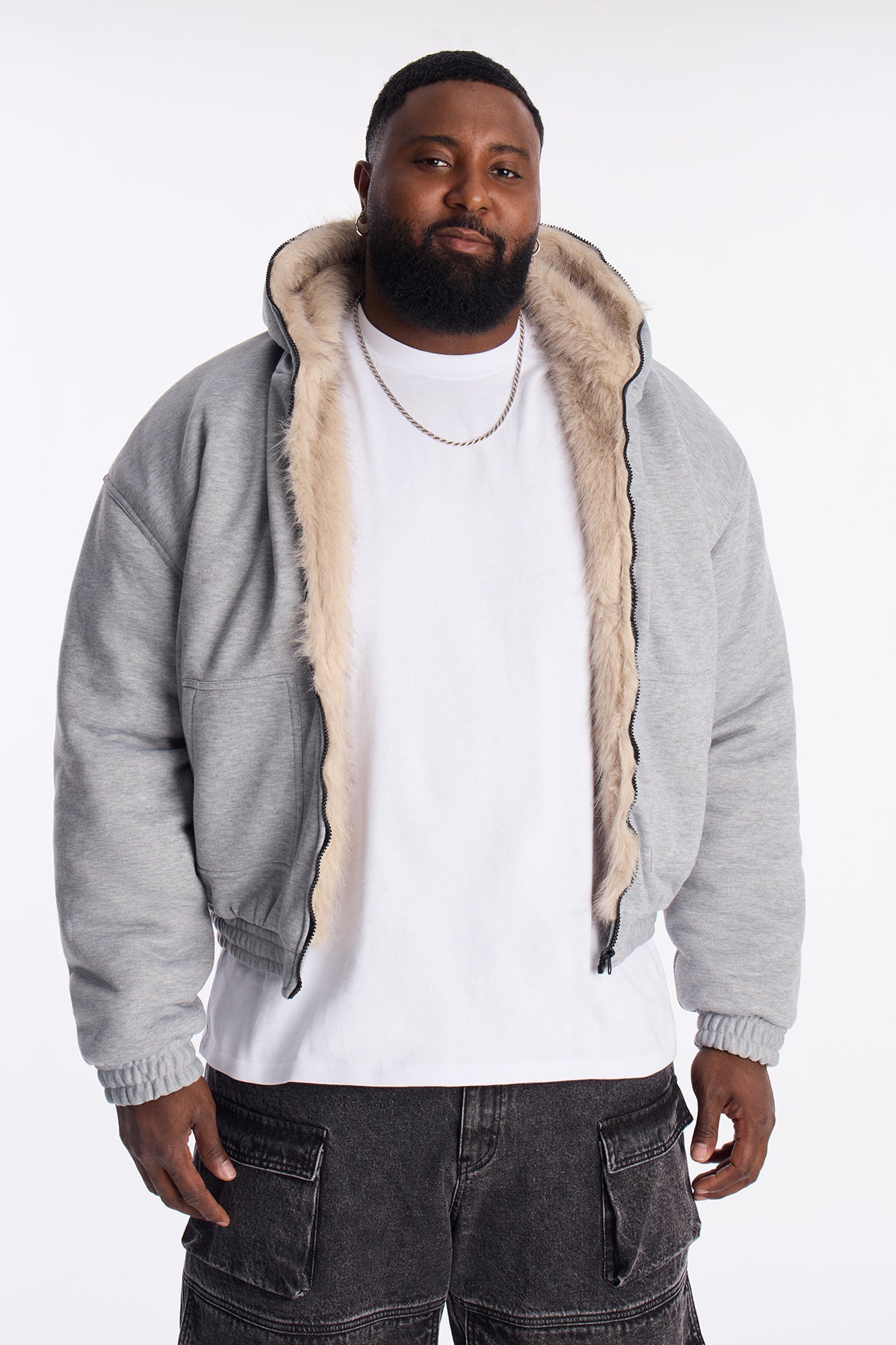 Faux Fur Hooded Zip Up Hoodie - Grey