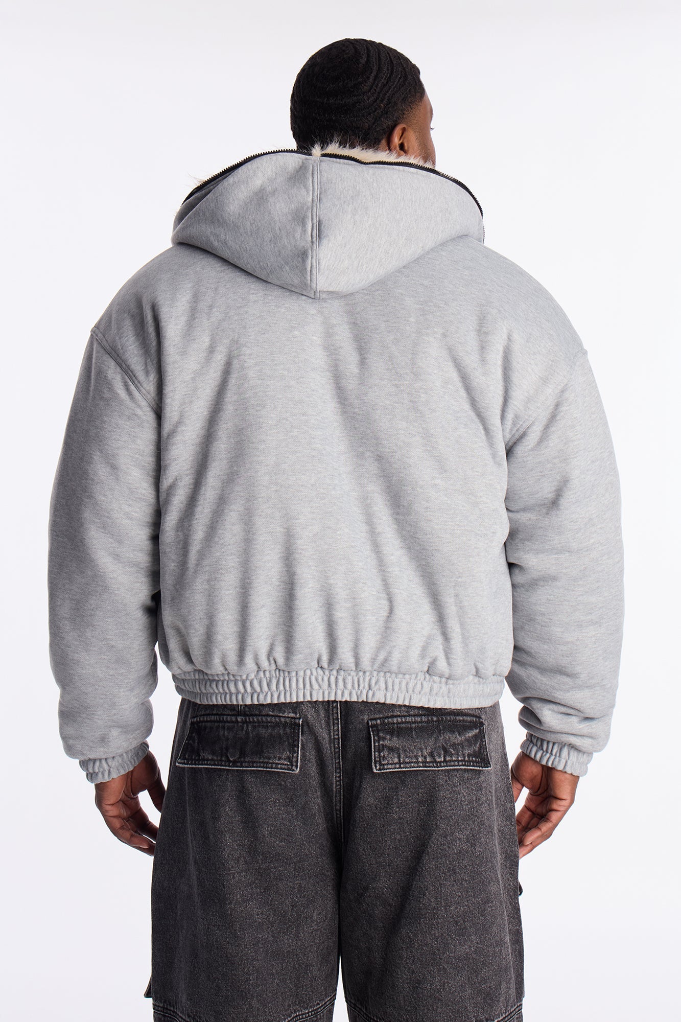 Faux Fur Hooded Zip Up Hoodie - Grey