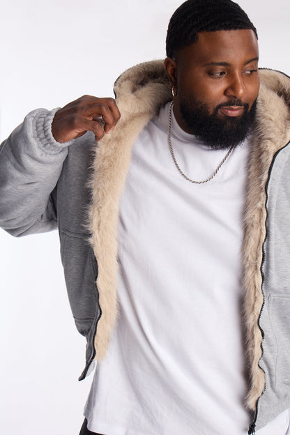 Faux Fur Hooded Zip Up Hoodie - Grey