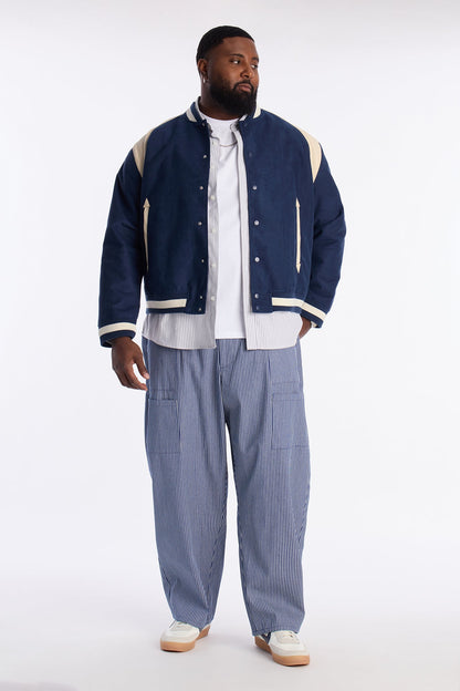 Contrast Panel Faux Suede Varsity Jacket - Blue