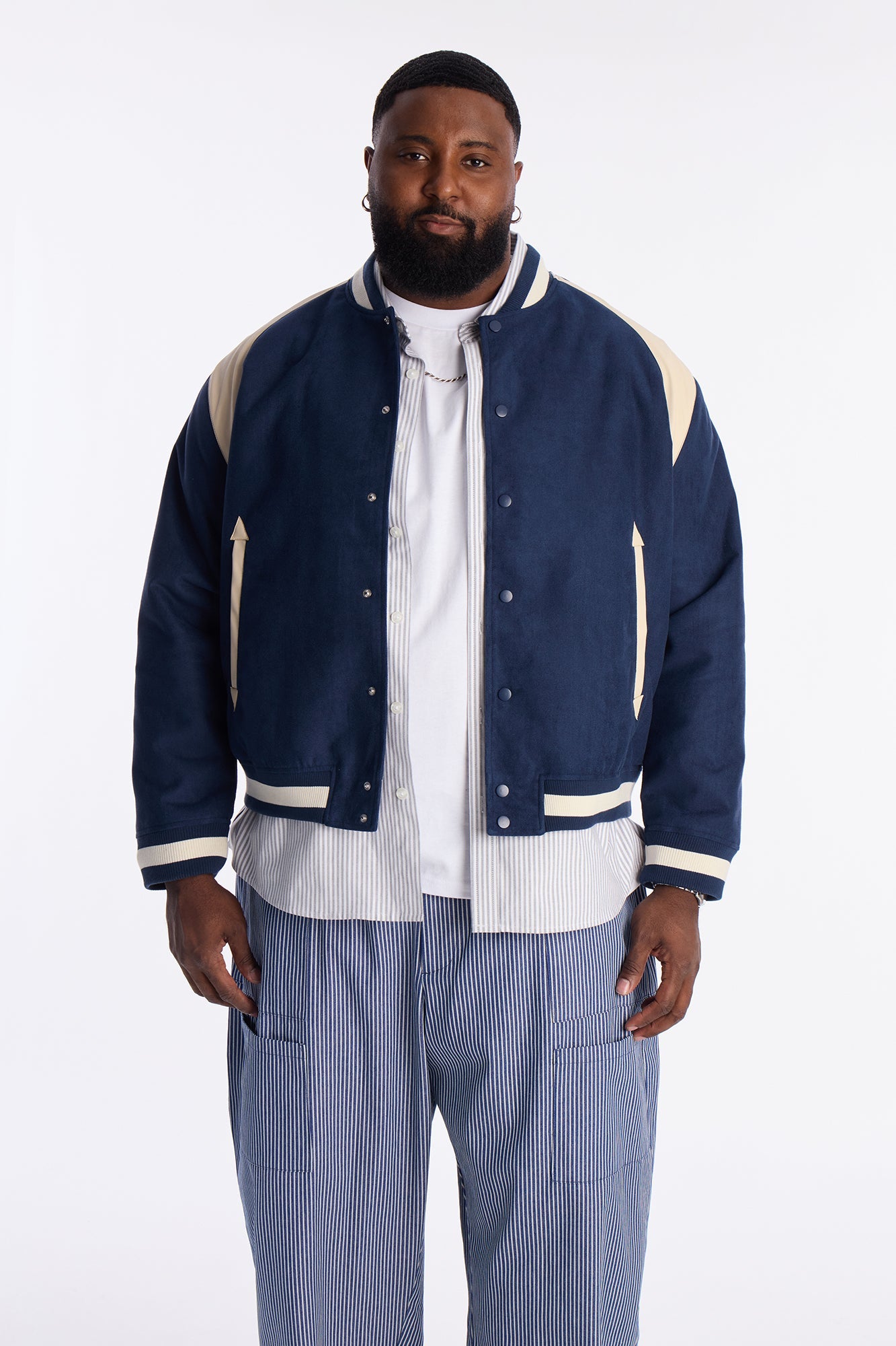 Contrast Panel Faux Suede Varsity Jacket - Blue