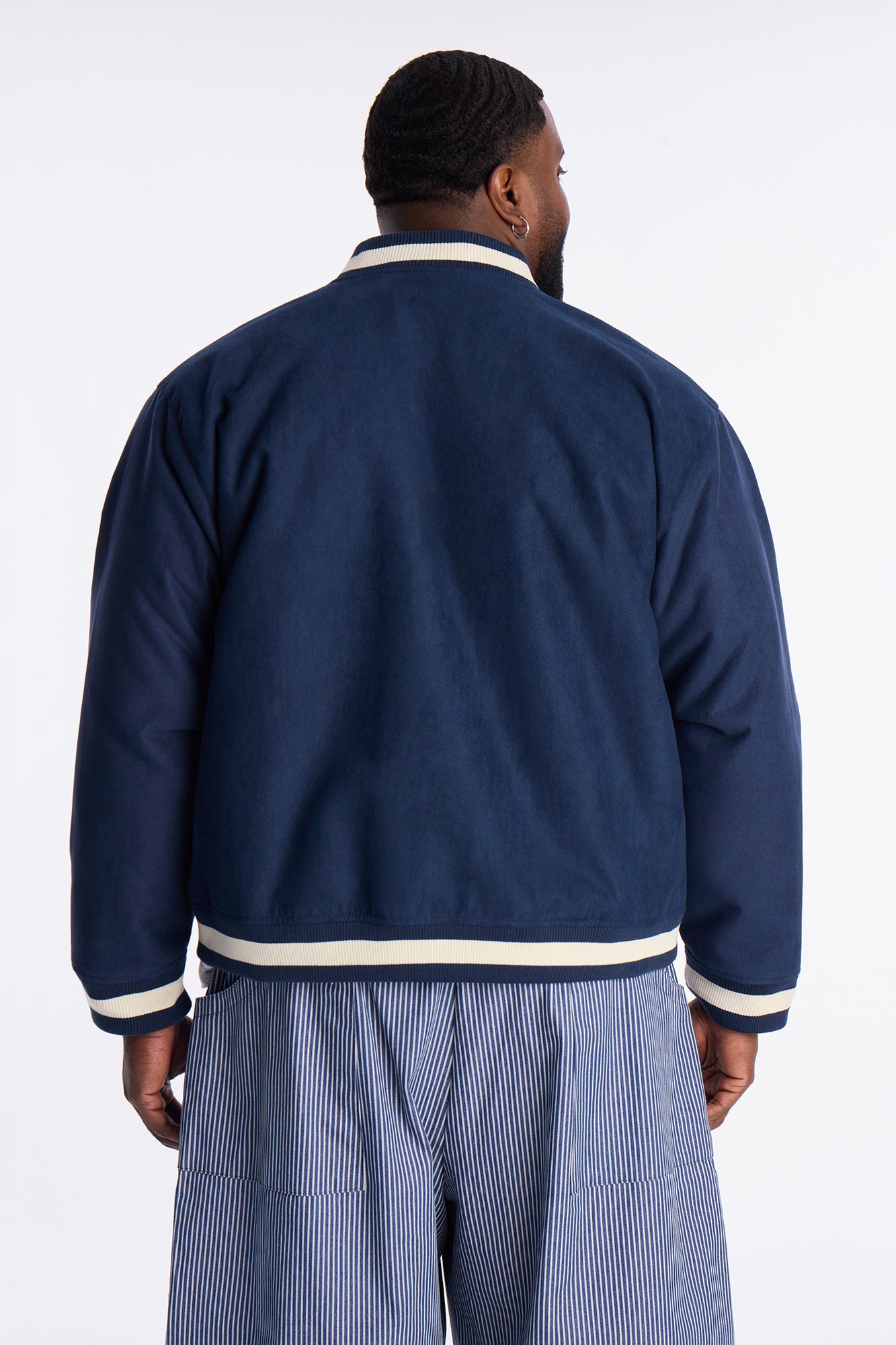 Contrast Panel Faux Suede Varsity Jacket - Blue