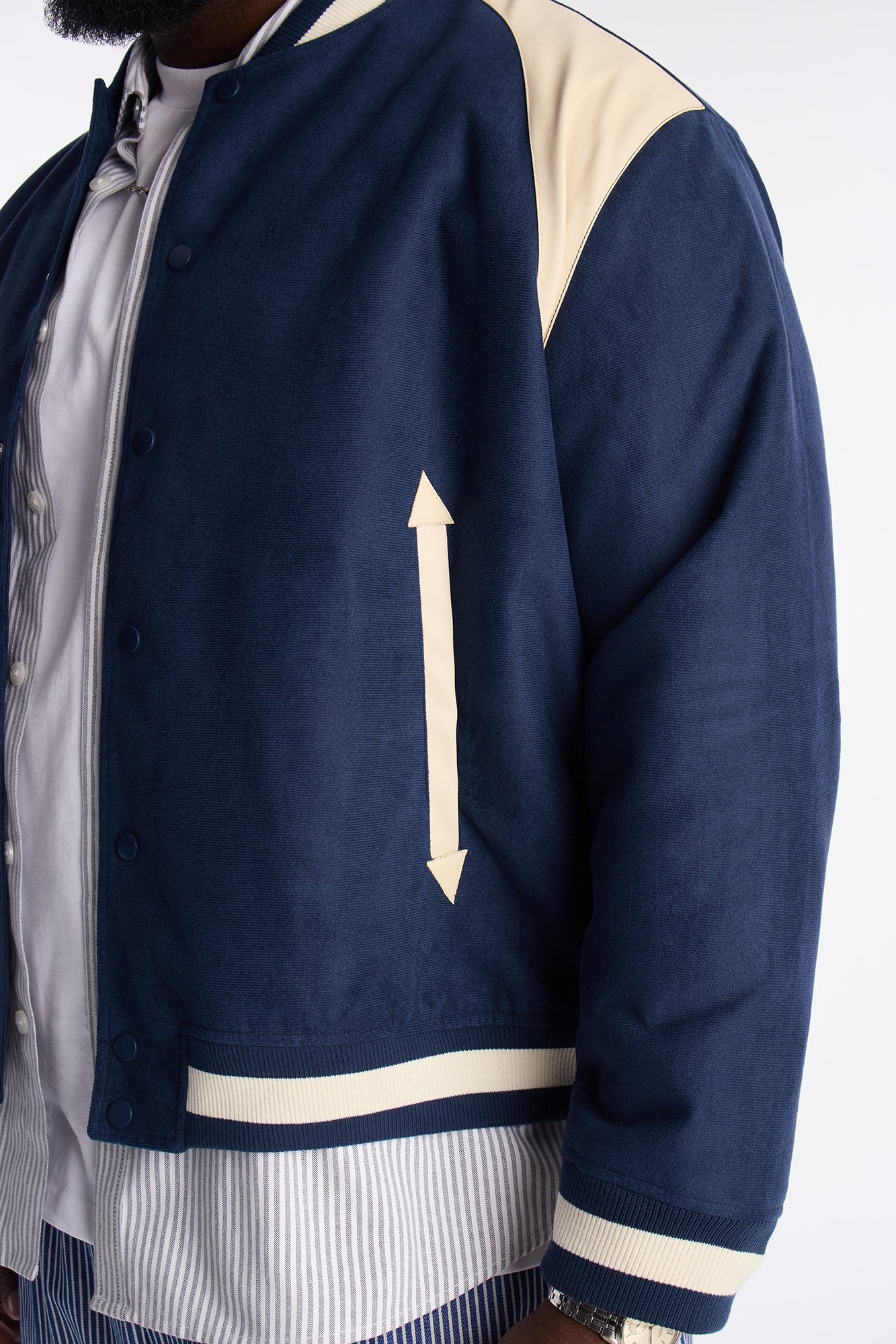 Contrast Panel Faux Suede Varsity Jacket - Blue
