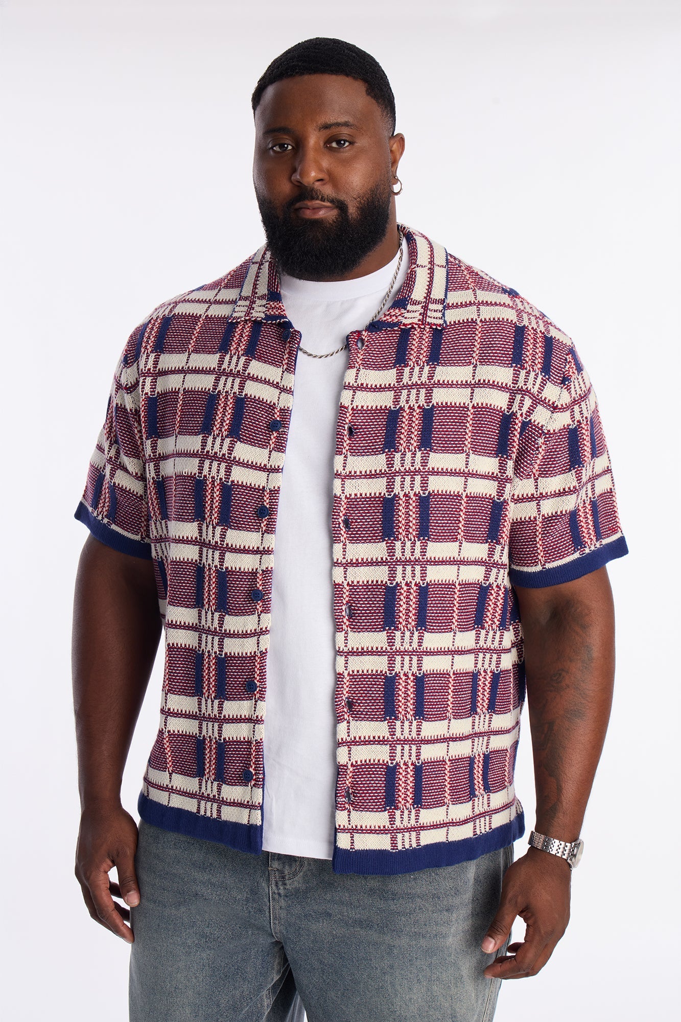 Crosshatch Closed Collar Button Up Shirt - Red