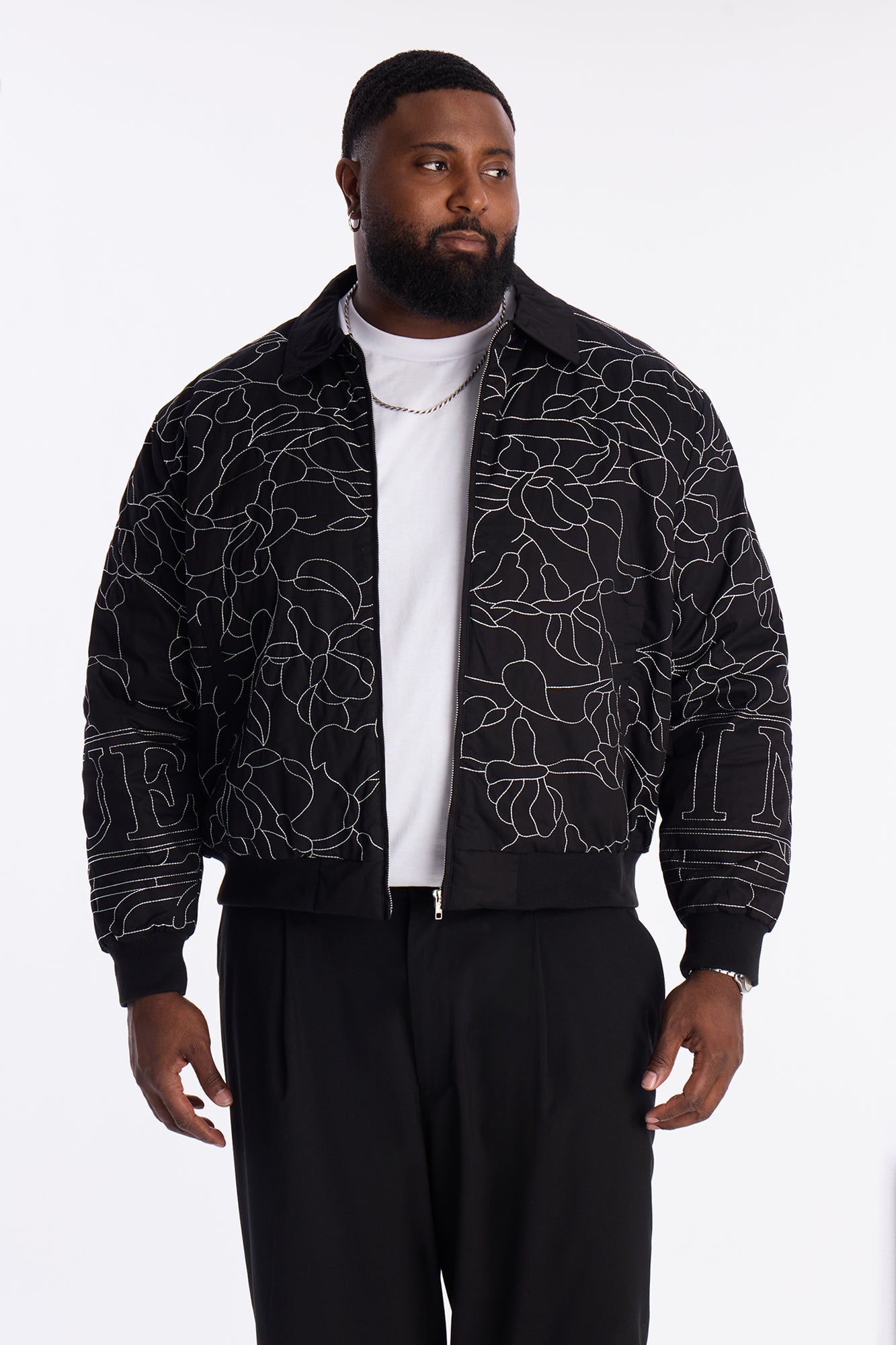 In Bloom Contrast Stitched Bomber Jacket - Black