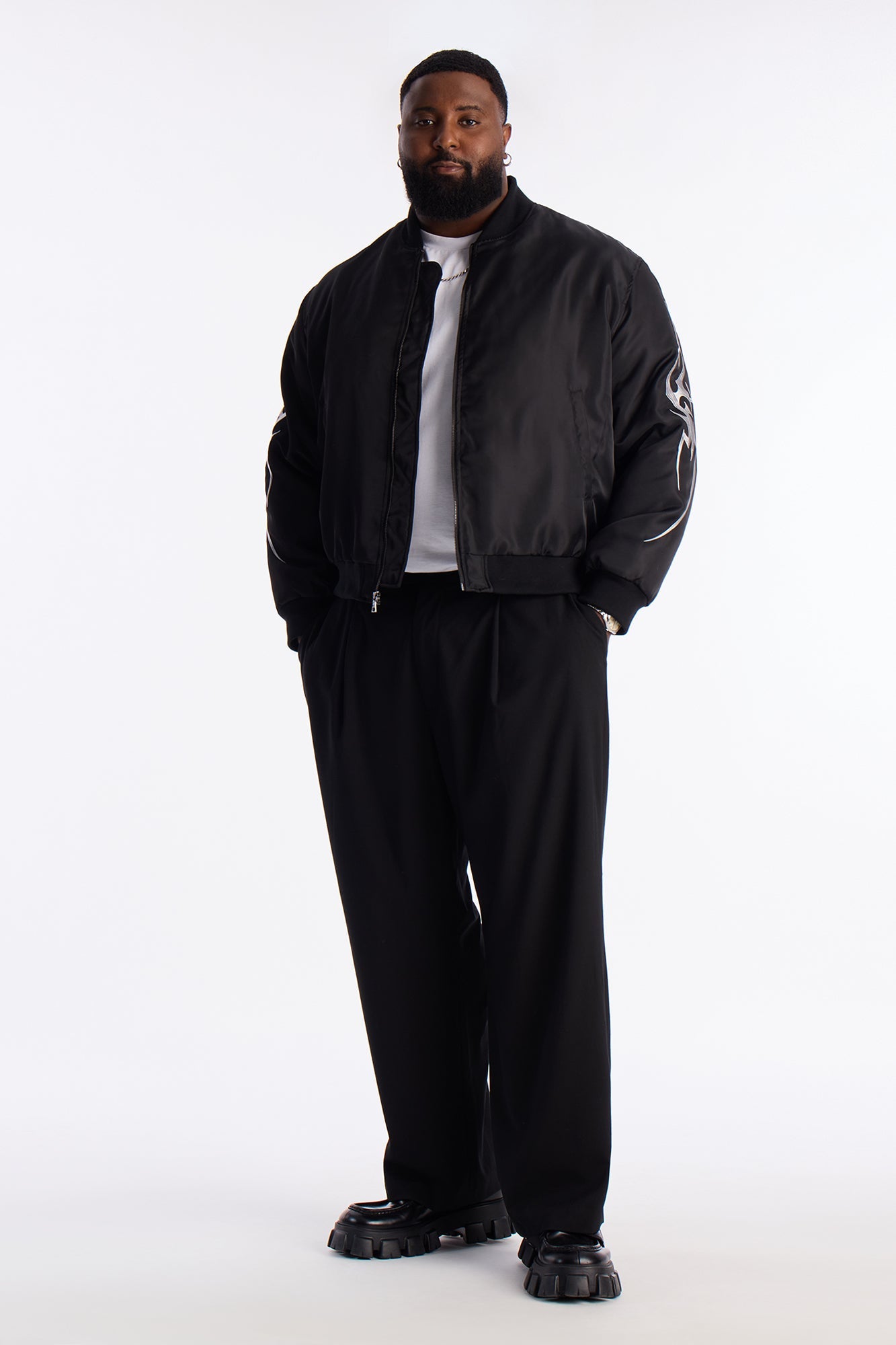 Relaxed Classic Embroidered Bomber Jacket - Black