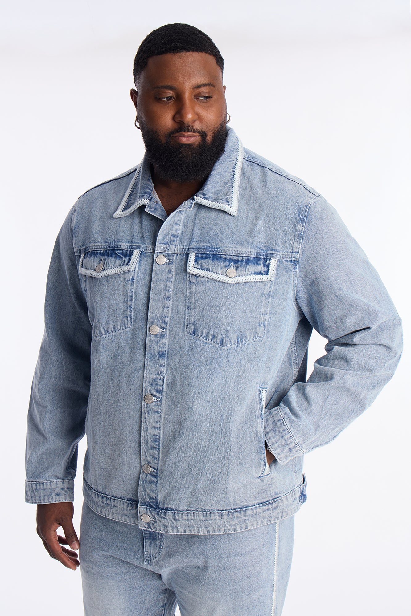 Crochet Denim Trucker Jacket - Light Blue Wash
