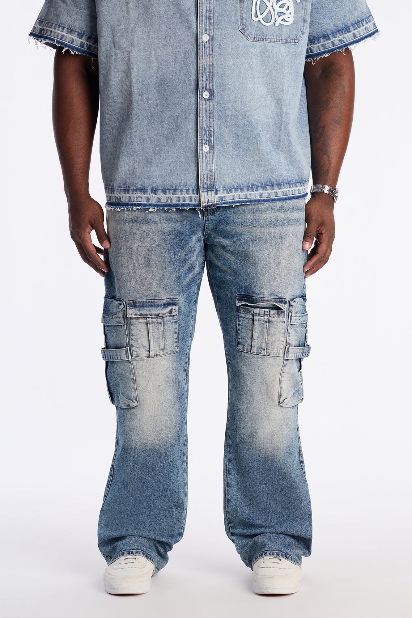 Stacked Slim Flare Enough Cargo Jean - Medium Blue Wash
