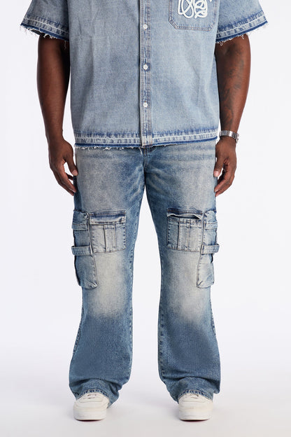 Stacked Slim Flare Enough Cargo Jean - Medium Blue Wash
