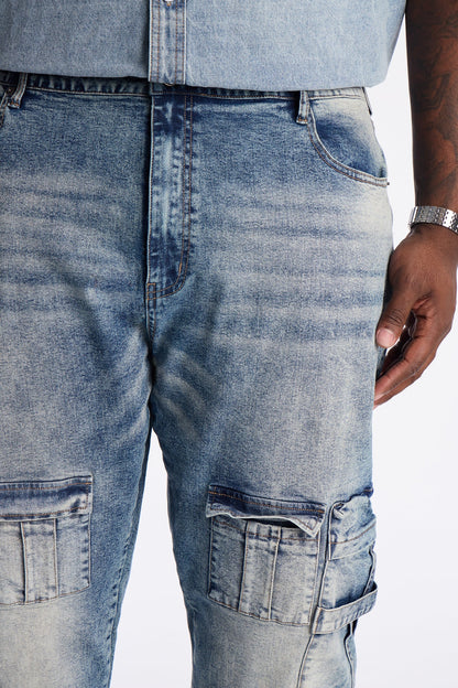 Stacked Slim Flare Enough Cargo Jean - Medium Blue Wash