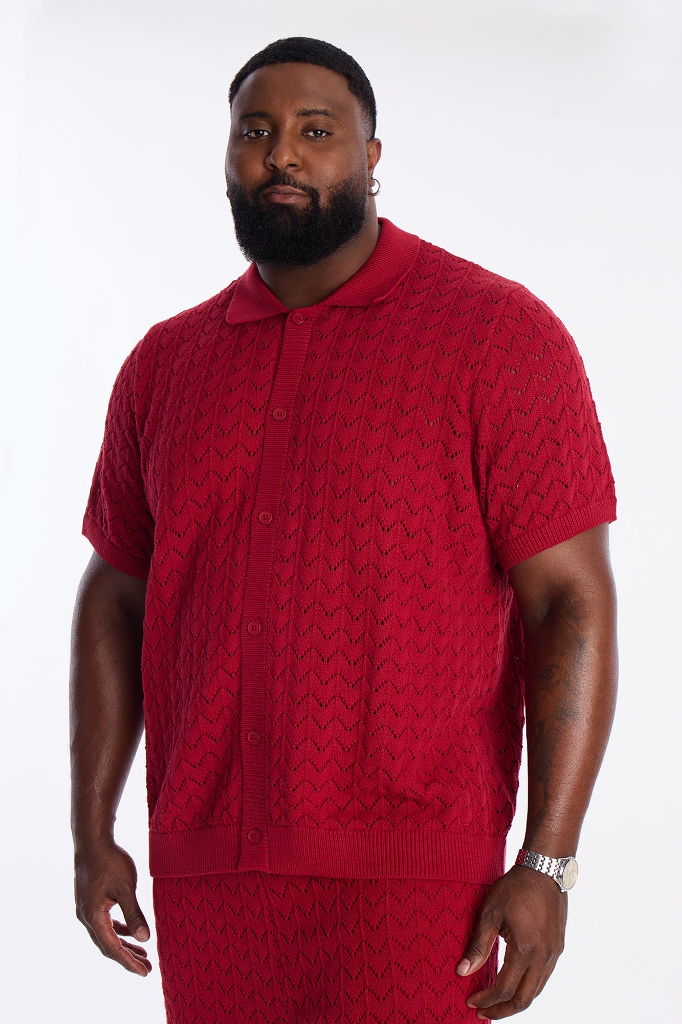 Waterfall Texture Open Knit Shirt - Burgundy