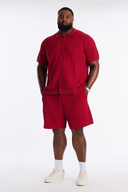 Waterfall Texture Open Knit Shorts - Burgundy
