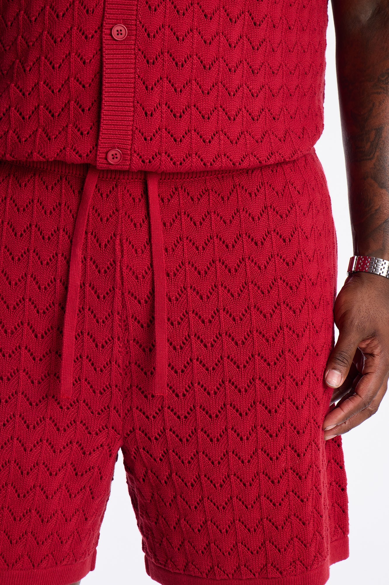 Waterfall Texture Open Knit Shorts - Burgundy
