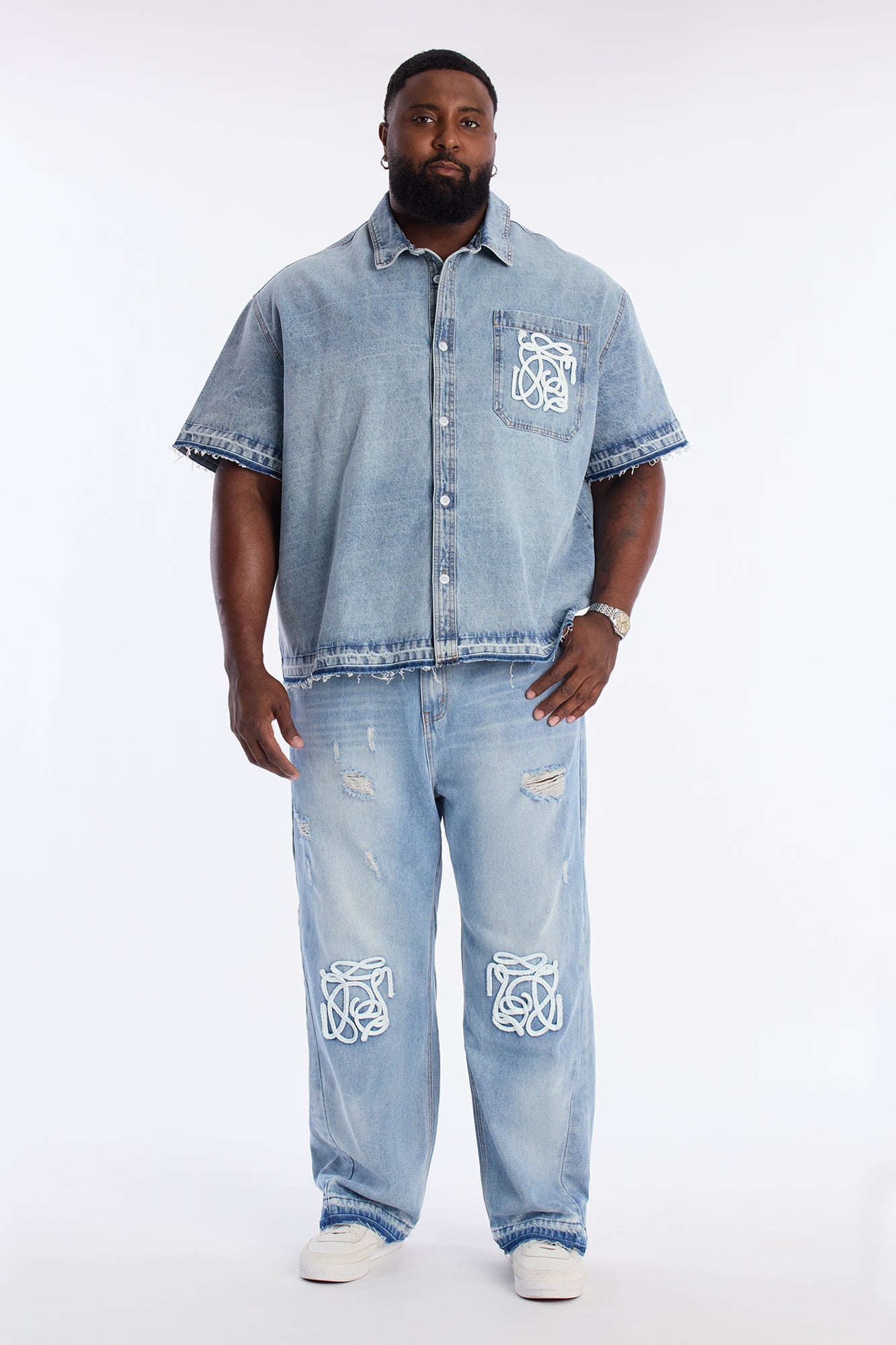 Relaxed Cropped Coastal Applique Denim Shirt - Light Blue Wash