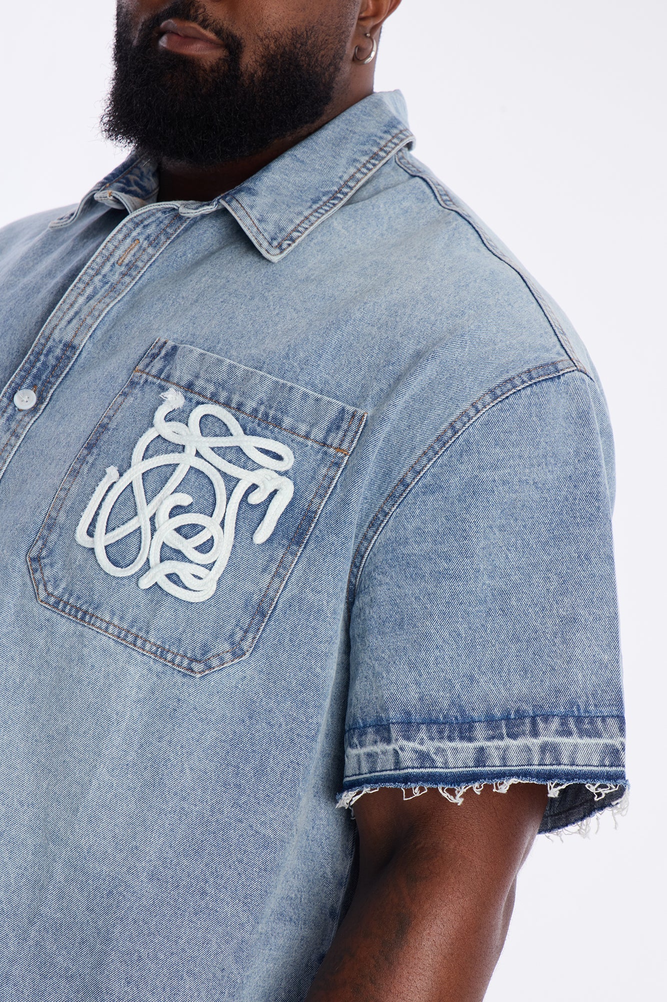 Relaxed Cropped Coastal Applique Denim Shirt - Light Blue Wash